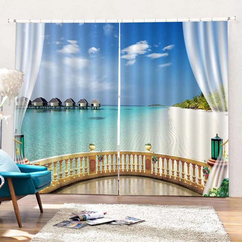 3D Print Seaside Scenery Blackout Curtains Custom 2 Panels Drapes for Living Room Bedroom Decoration No Pilling No Fading No off-lining Polyester by BeddingInn