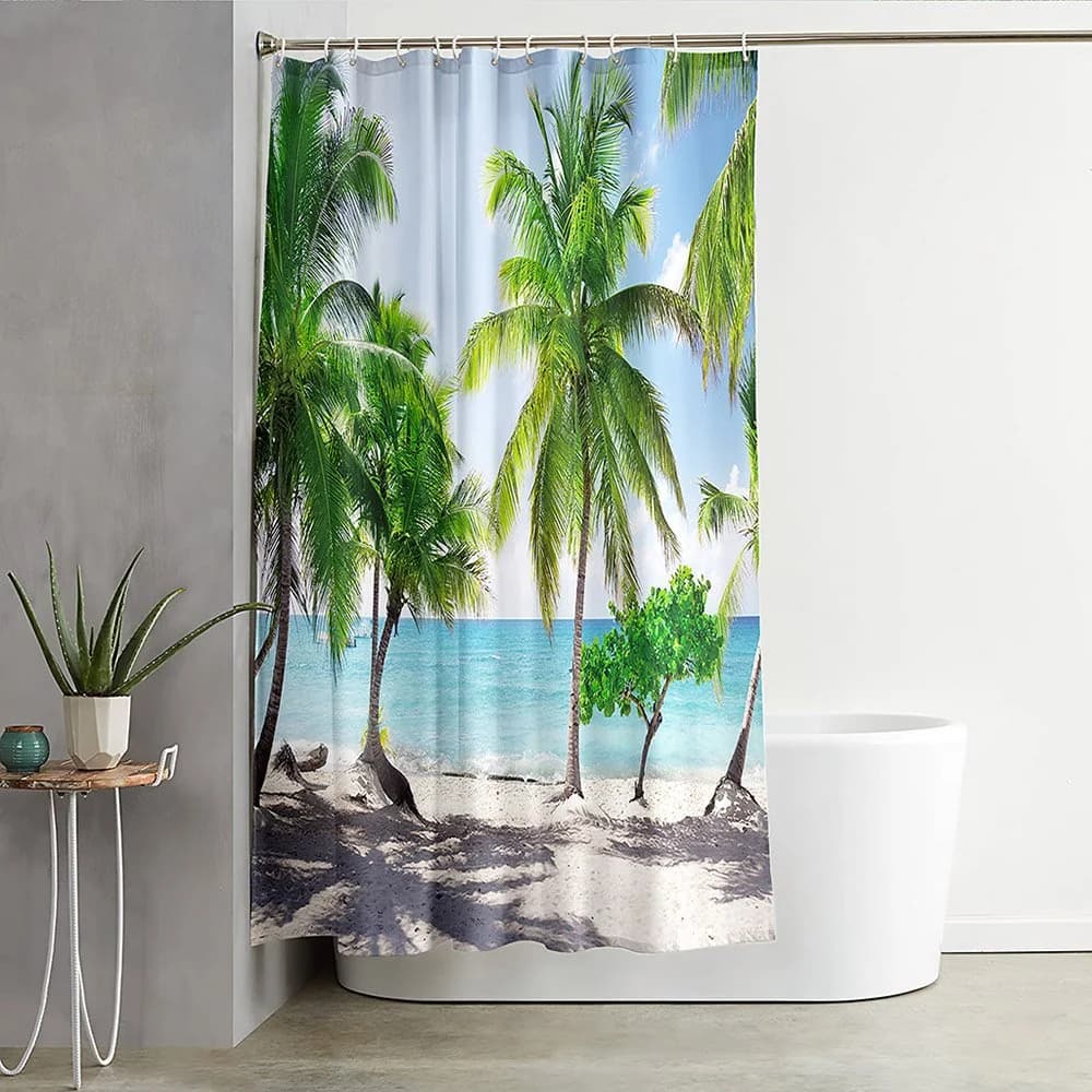 3D Printed Seaside Landscape Shower Curtain Palm Costal and Sea Bathroom Partition Curtain Durable Waterproof Mildew Proof Polyester by BeddingInn