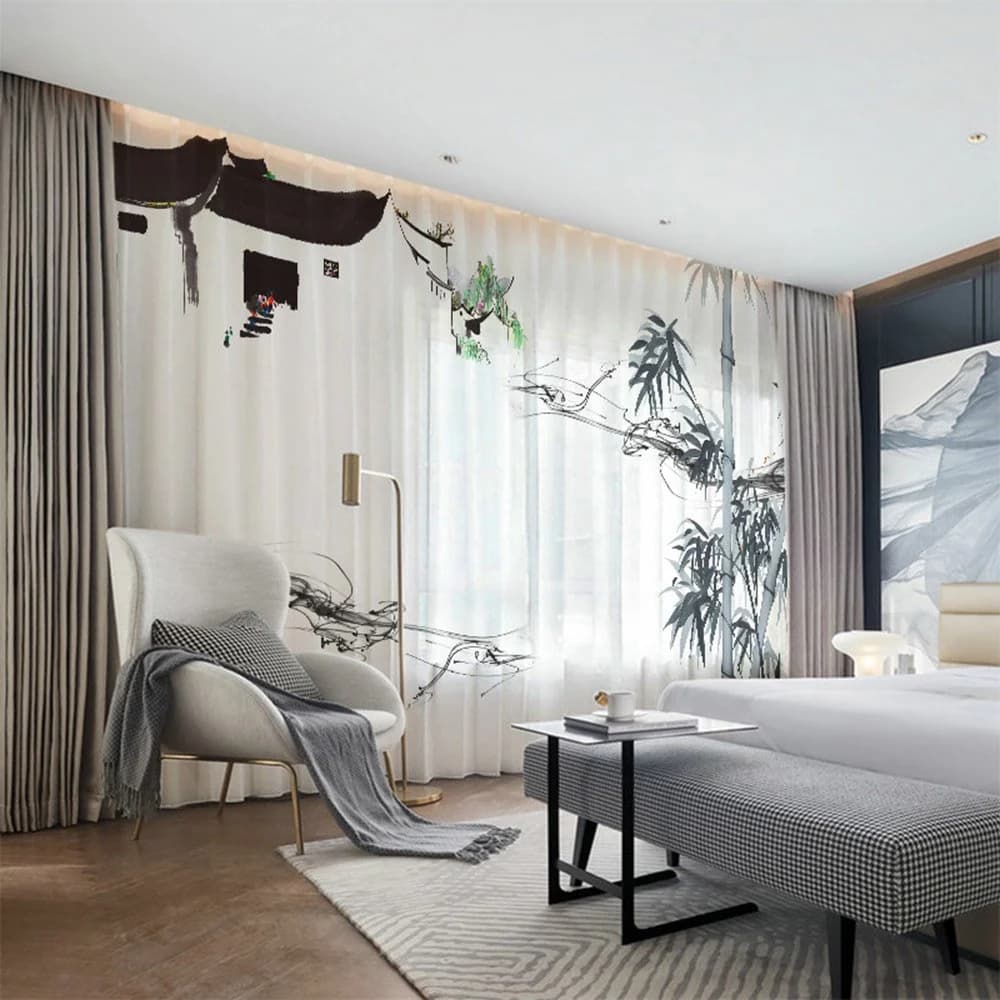3D Printed Sheer Curtains Chinese Style Ink Painting for Living Room Bedroom Decoration No Pilling No Fading No off-lining Polyester 30% Shading Rate 2 Panels by BeddingInn