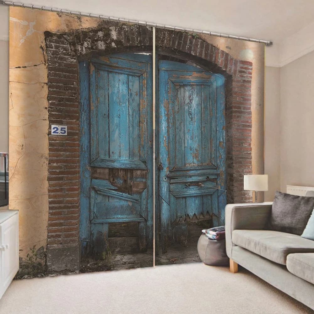 3D Printed Window Curtains Creative Blue Wooden Door Polyester Blackout Custom 2 Panels Drapes for Living Room Bedroom No Pilling No Fading No off-lining by BeddingInn
