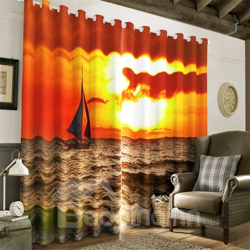 3D Red and Golden Sunrise and Sailboat on the Sea Printed Window Drapes by BeddingInn