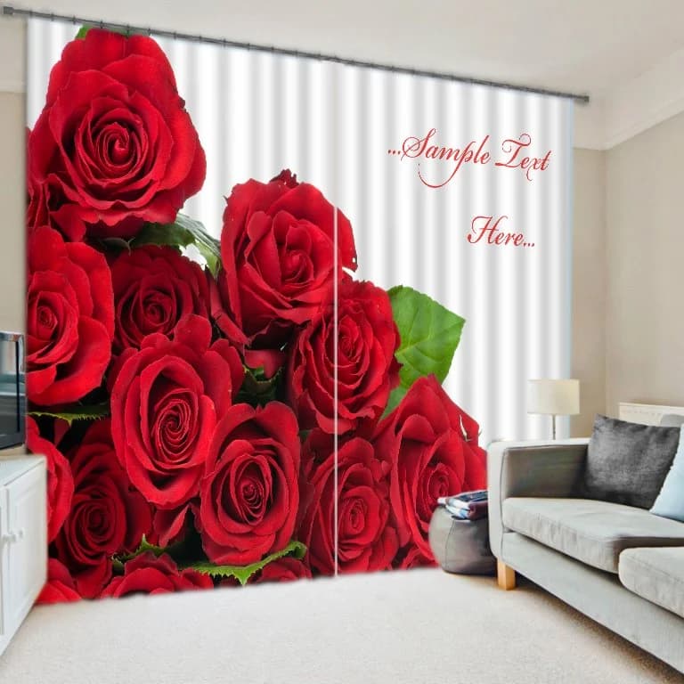 3D Red Roses Printed Polyester Cotton Romantic Style 2 Panels Custom Floral Curtain by BeddingInn