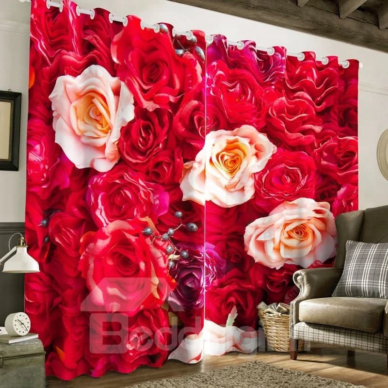 3D Romantic Red Roses Printed 2 Panels Grommet Top Custom Window Curtain by BeddingInn