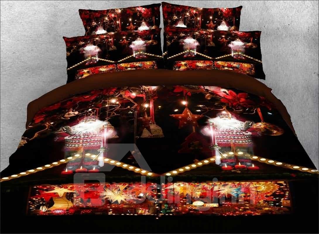 3D Santa Claus and Christmas Candle Bedding Set 4Pcs Zipper Warm Duvet Cover Set Colorfast Wear-resistant Endurable Skin-friendly Ultra-soft No-fading Microfiber by BeddingInn