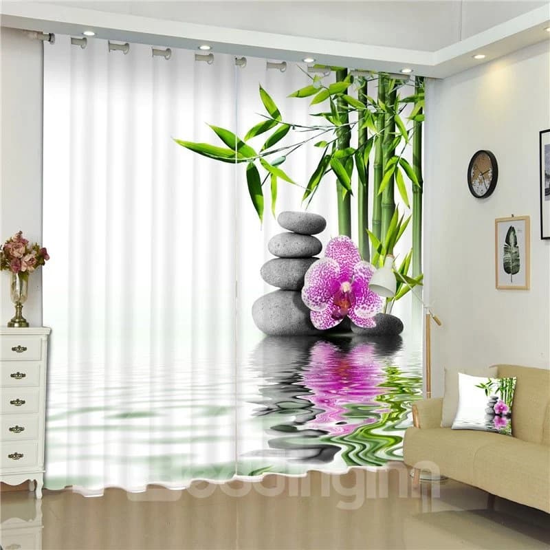 3D Stone Flowers and Green Bamboos Printed 2 Pieces Custom Curtain for Living Room by BeddingInn