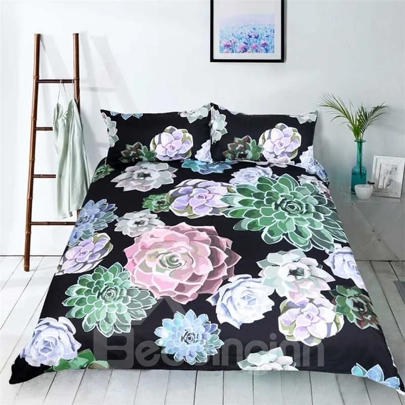 3D Succulent Plant Printed Polyester 3-Piece Black Bedding Sets/Duvet Covers by BeddingInn