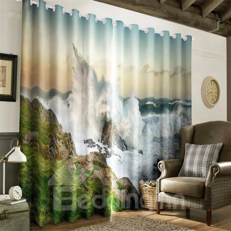 3D Surging Waves and and Green Mountains Natural Power Printed Grommet Top Curtain by BeddingInn