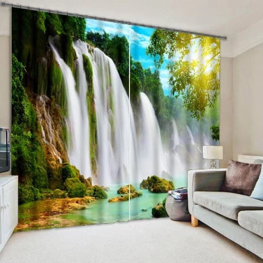 3D Turbulent Waterfall and Green Trees Printed Nature Scenery Decoration Custom Curtain by BeddingInn