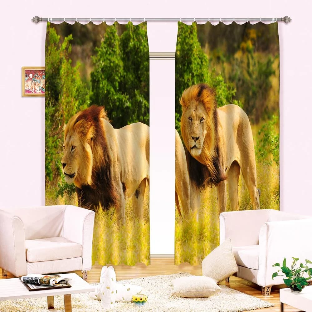 3D Two Lions Printed Wonderful Animal Scenery 2 Panels Living Room Curtain by BeddingInn