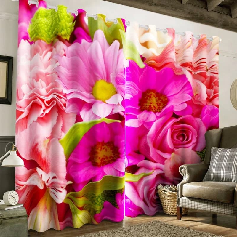 3D Vivid Pink Flowers Printed 2 Panels Grommet Top Curtain for Living Room by BeddingInn