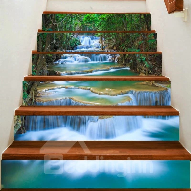 3D Waterfall and Tree 6-Piece PVC Waterproof Eco-friendly Self-Adhesive Stair Mural by BeddingInn
