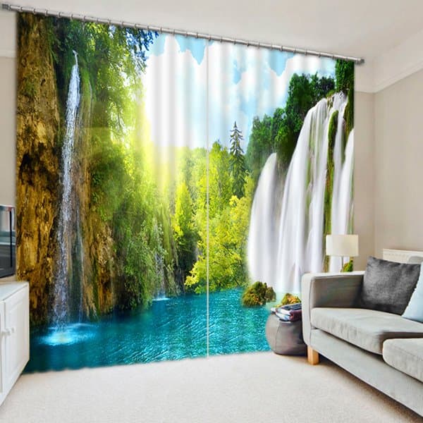 3D Waterfalls and Trees Spectacular Scenery Printed Custom Blackout Living Room Curtain by BeddingInn