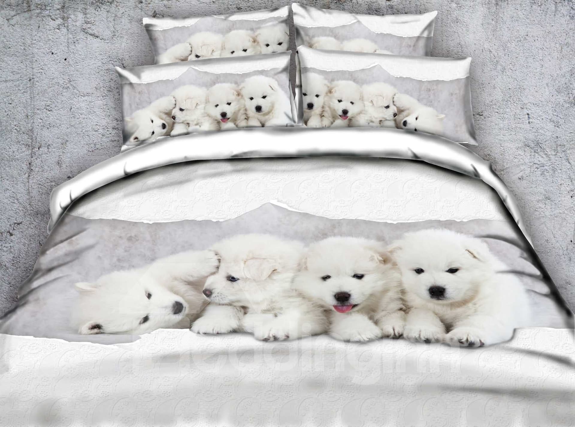 3D White Puppies Printed Polyester 4-Piece Bedding Sets/Duvet Covers by BeddingInn