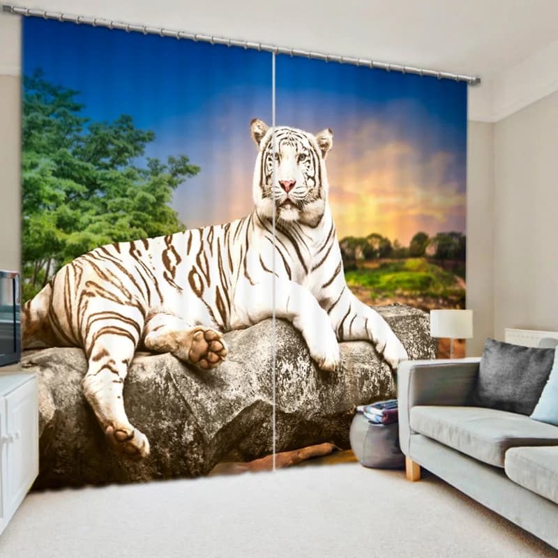 3D White Tiger Printed Thick Polyester 2 Panels Living Room and Study Room Curtain by BeddingInn