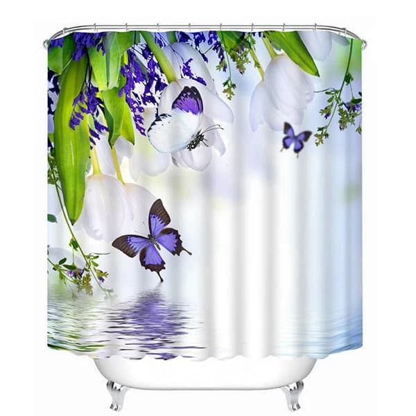 3D White Tulips and Purple Butterflies Printed Polyester Shower Curtain by BeddingInn