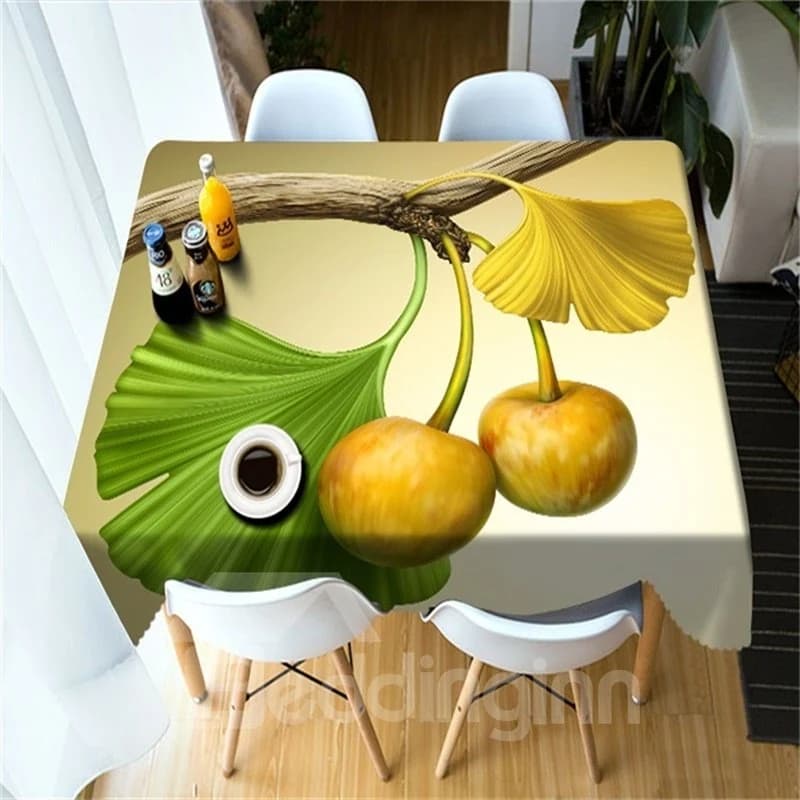 3D Yellow Ginkgo Leaves and Fruits Printed Thick Polyester Durable Table Cover Cloth by BeddingInn