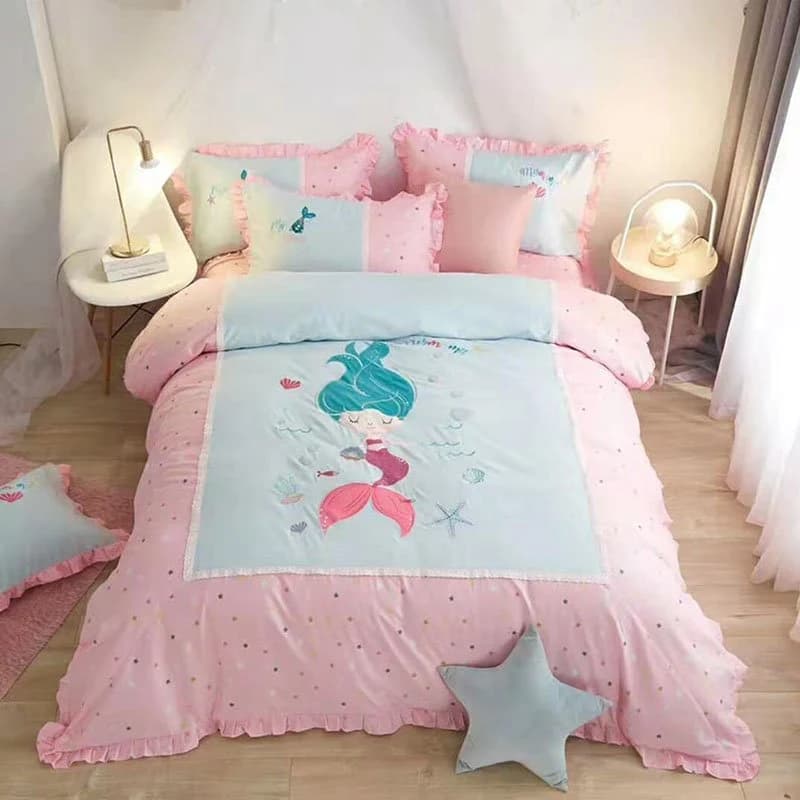 4 PCS Duvet Cover Set Pink Cartoon Mermaid Cotton Bedding Set Gifts for Girls Bedroom by BeddingInn