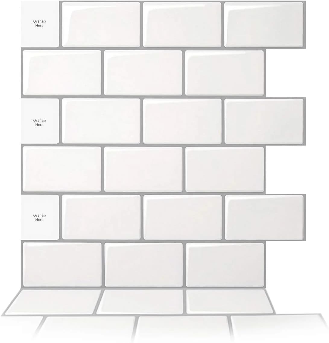 Art3d 10-Sheet Peel and Stick Backsplash, 12 in. x 12 in. Subway 3D Wall Panels, Mono White with Gray Grout by BeddingInn