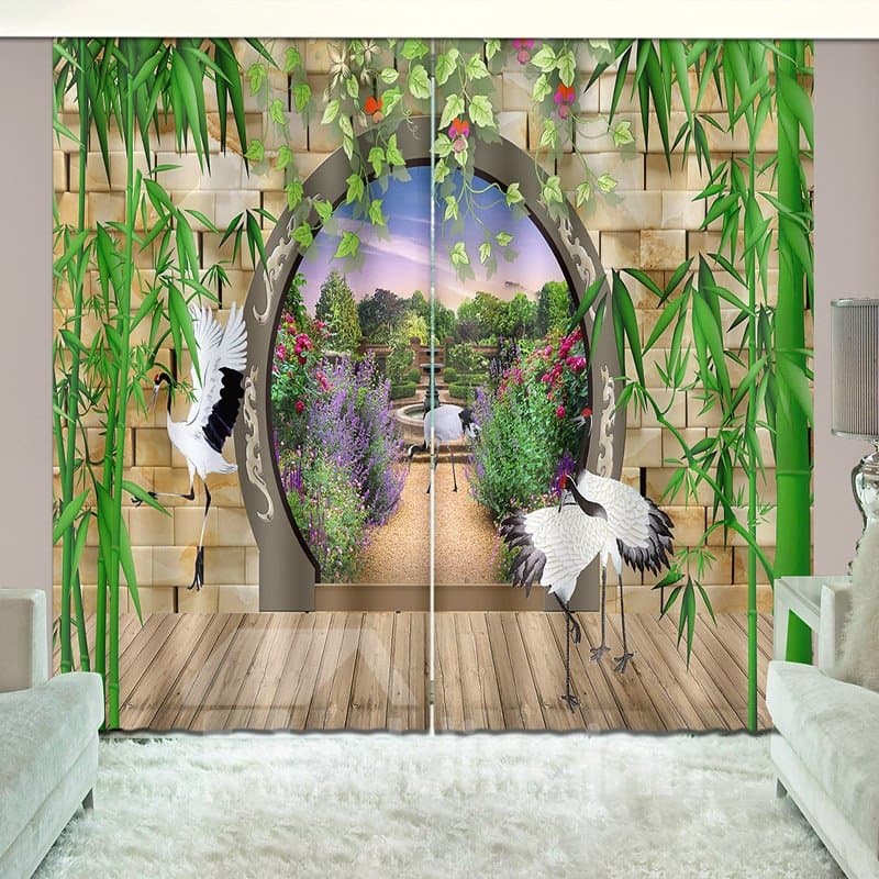 Bamboo and Cranes Natural Drapes Print Curtain for Guestroom by BeddingInn