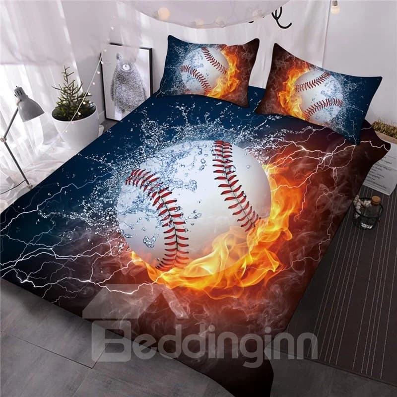 Baseball with Fire and Water Printed 3-Piece 3D Comforter Set/Bedding Set by BeddingInn