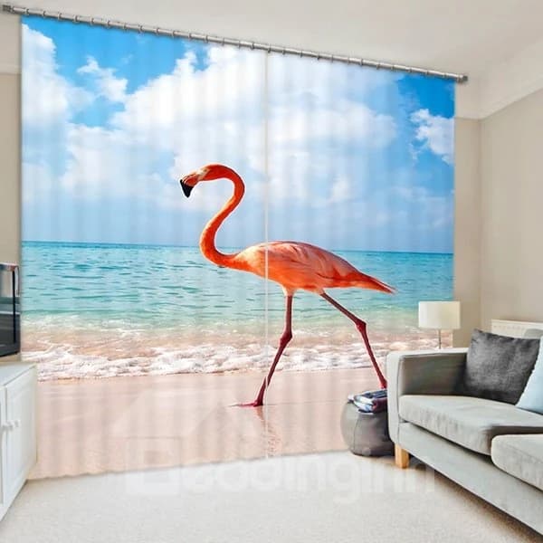 Beautiful Flamingo Walking on the Beach Printing 3D Bedroom 2 Panels Curtain by BeddingInn