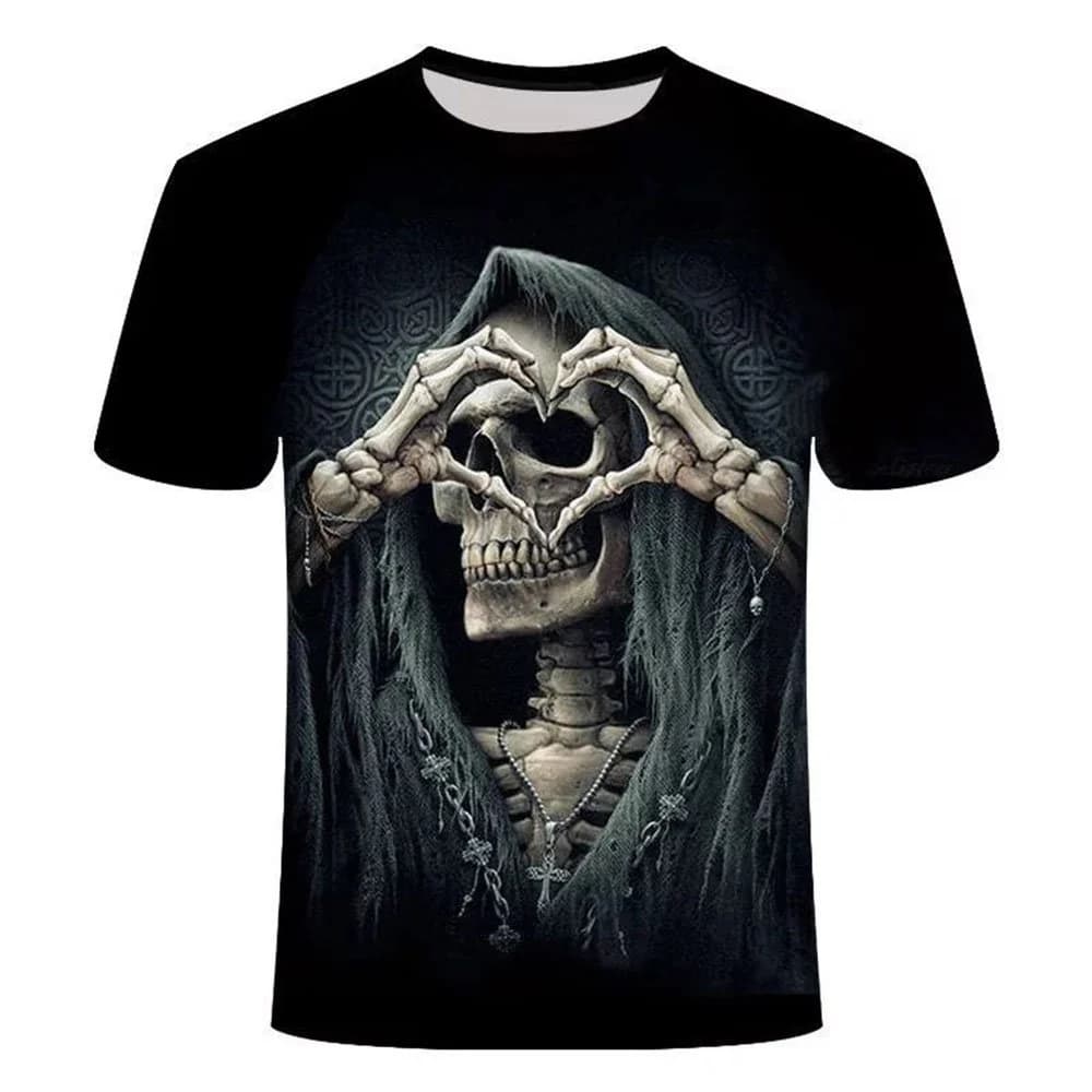 Black 3D Print Skull and Heart Men's T-shirt Creative Casual Couple Outfit Unisex Short Sleeve Round Neck Loose T-shirts by BeddingInn