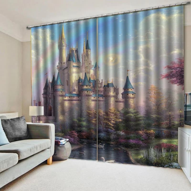 Blackout 3D Castle Print Blackout Polyester Curtains No Pilling No Fading No off-lining 80W 84L Inches by BeddingInn