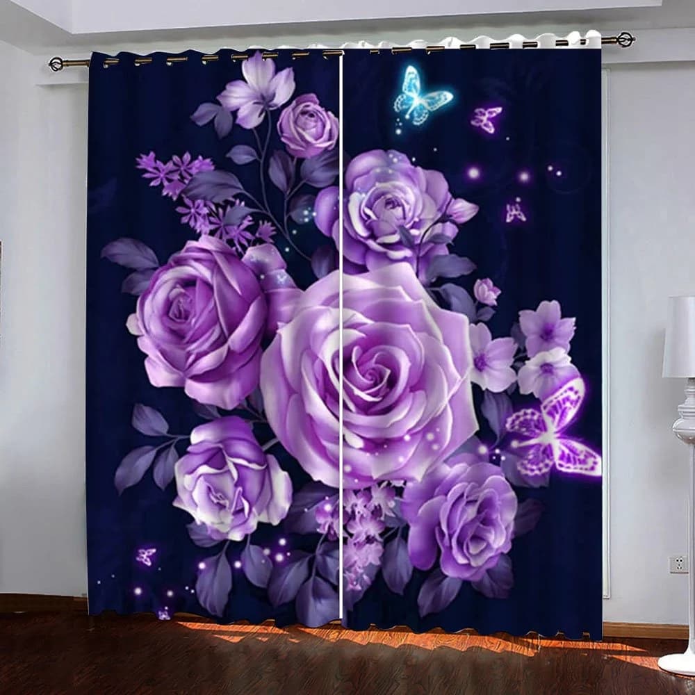 Blackout Decoration 3D Purple Roses Printed Curtain Custom 2 Panels Drapes No Pilling No Fading No off-lining by BeddingInn
