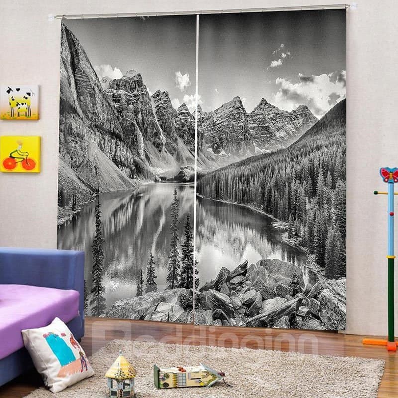Blackout Watercolor Polyester 3D Print Scenery Curtain with Black and White Landscape Design 200g/m2 Shading Polyester Heat Insulation and Wind-proof by BeddingInn