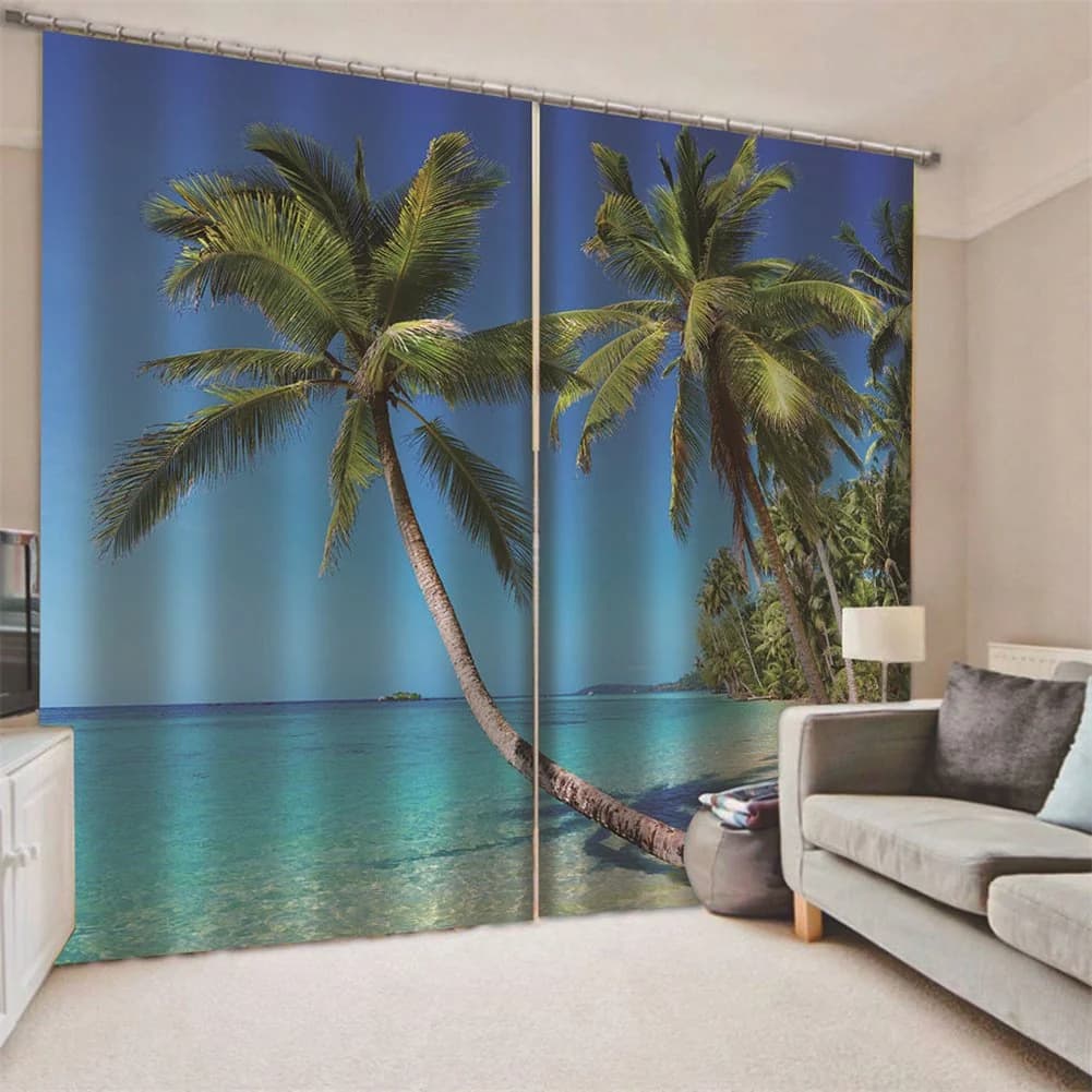 Blue 3D Print Blackout Curtains Sea And Coconut Trees Custom 2 Panels Drapes for Living Room Bedroom No Pilling No Fading No off-lining Polyester by BeddingInn