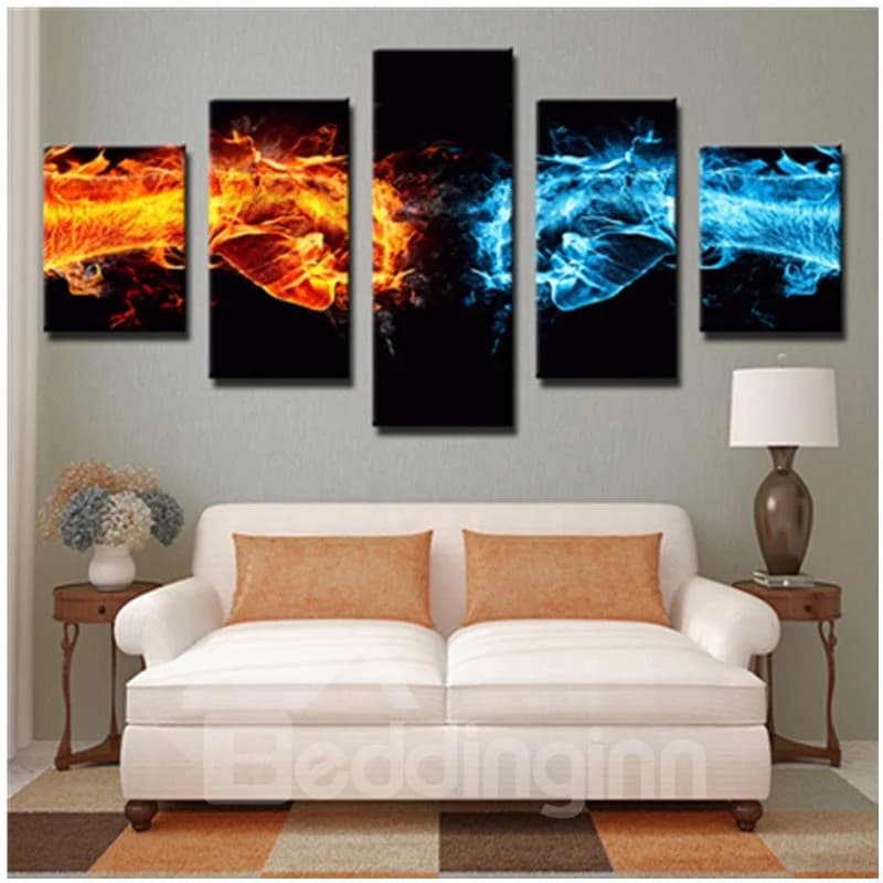 Blue and Yellow Fists with Fire Hanging 5-Piece Canvas Eco-friendly Waterproof Non-framed Prints by BeddingInn