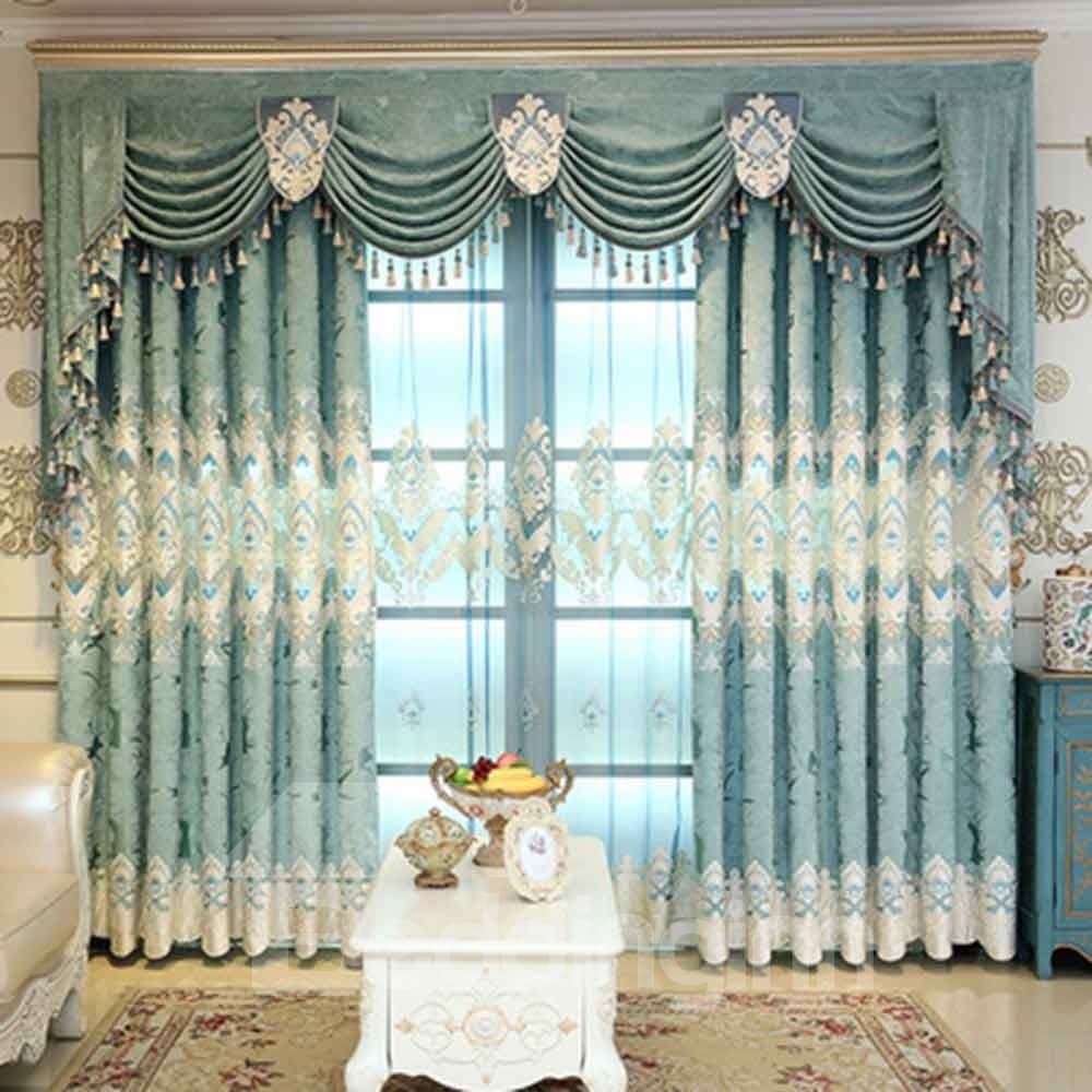 Blue Floral Jacquard Chenille Elegant Palace Style Shading Grommet Curtain by BeddingInn