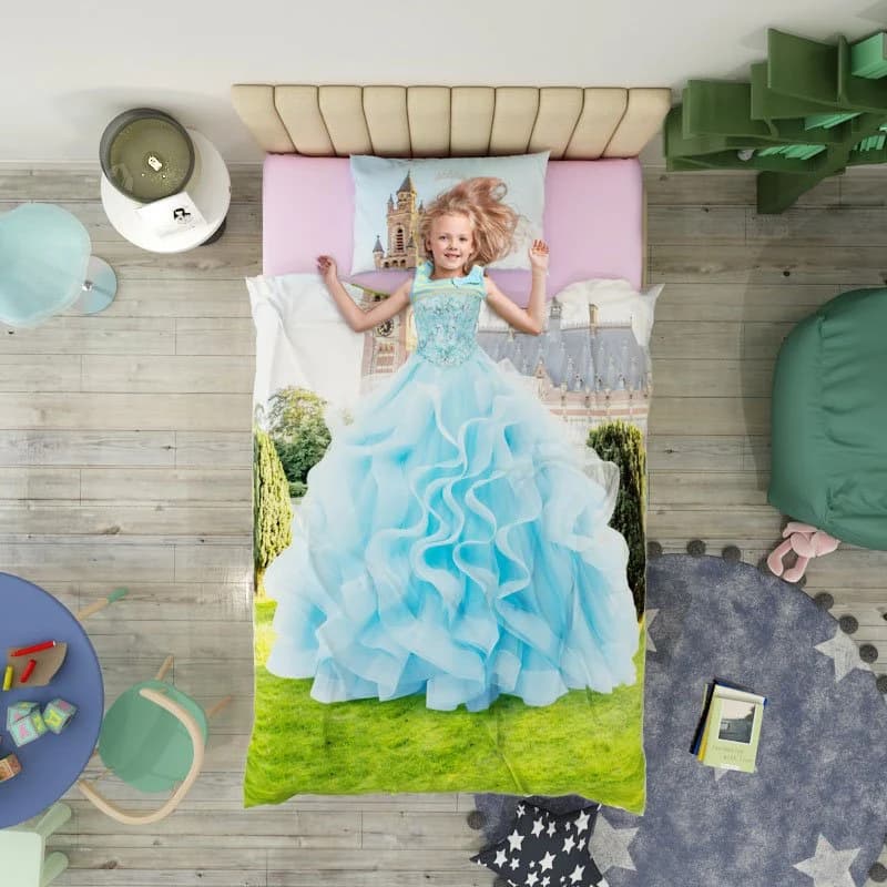 Blue Princess Dress 4-Piece 3D Duvet Cover Set Wear-resistant Breathable High Quality 60s Cotton Satin Girls Bedding by BeddingInn