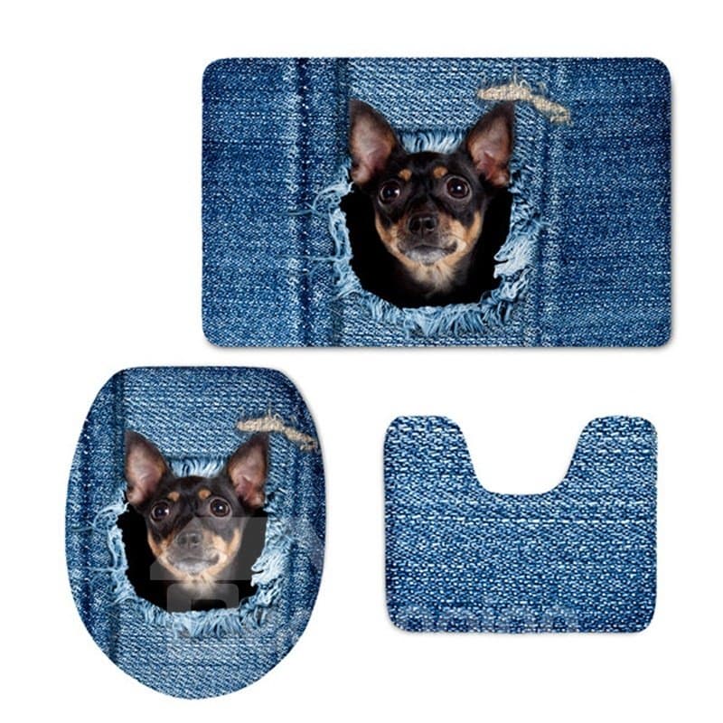 Blue Texture with Dog Printed Flannel PVC Soft Water-Absorption Anti-slid Toilet Seat Covers by BeddingInn