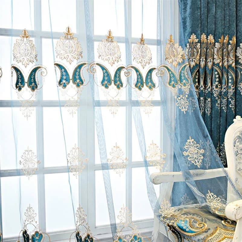 Blue Voile Curtains Floral Embroidery Sheer Curtains Elegant for Living Room Bedroom Decoration Custom 2 Panels Drapes Breathable Drapes by BeddingInn