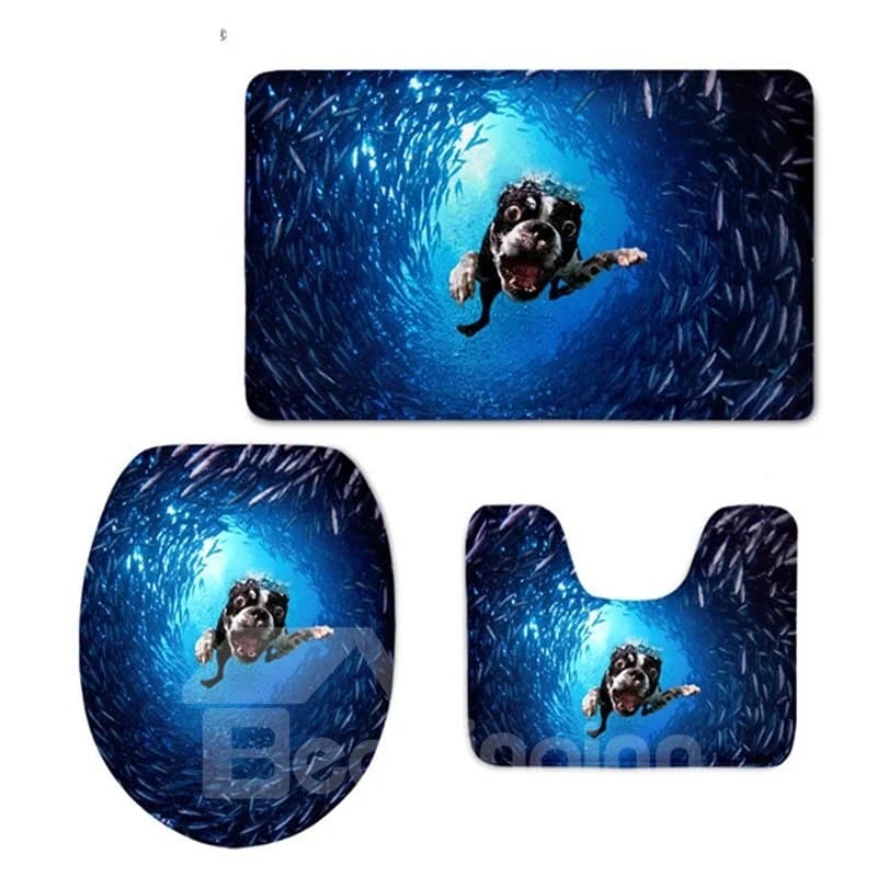 Boston Terrier in Blue Sea Pattern Flannel PVC Soft Anti-slid Toilet Seat Covers by BeddingInn
