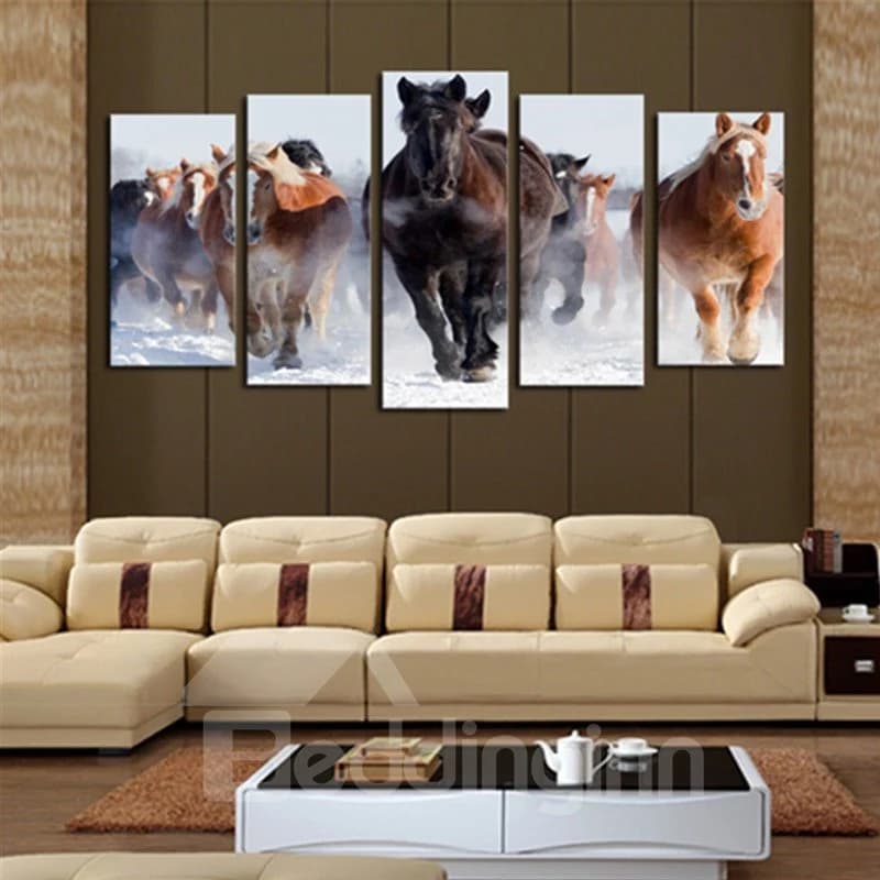 Brown and Yellow Running Horses 5-Panel Canvas Hung Non-framed Wall Prints by BeddingInn