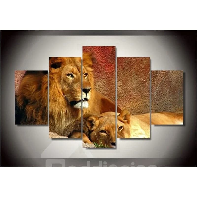 Brown Lions Staring Remote Place Hanging 5-Piece Canvas Eco-friendly and Waterproof Non-framed Prints by BeddingInn
