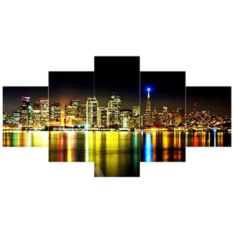 Buildings and Lake in City Night Hanging 5-Piece Canvas Waterproof Non-framed Prints by BeddingInn