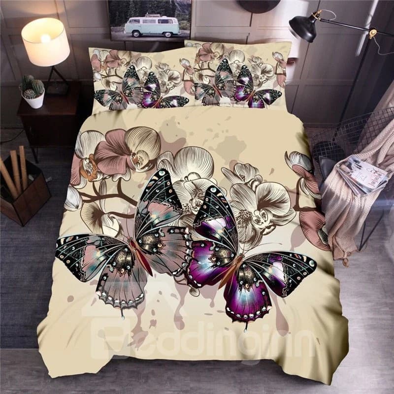 Butterflies 3D Printed Polyester 3-Piece Yellow Duvet Cover Set with 2 Pillowcases by BeddingInn