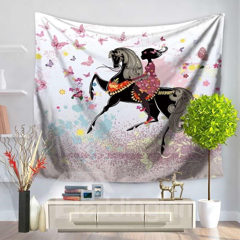 Butterflies and Floral Girl Riding Horse Romantic Style Decorative Hanging Wall Tapestry by BeddingInn