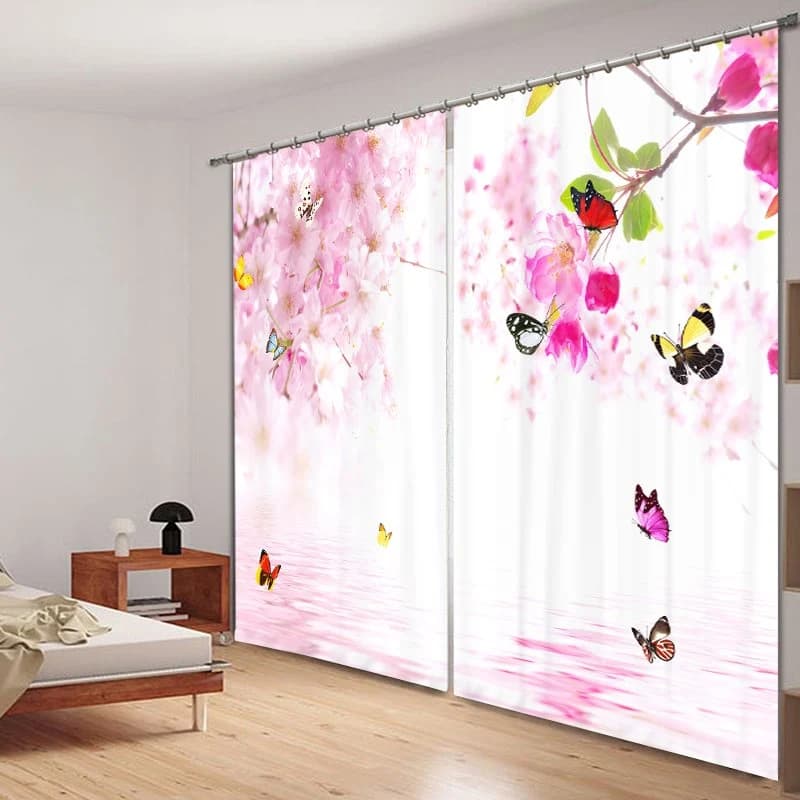 Butterflies flying around Peach Blossoms Living Room and Bedroom Decorative Window 3D Curtain by BeddingInn
