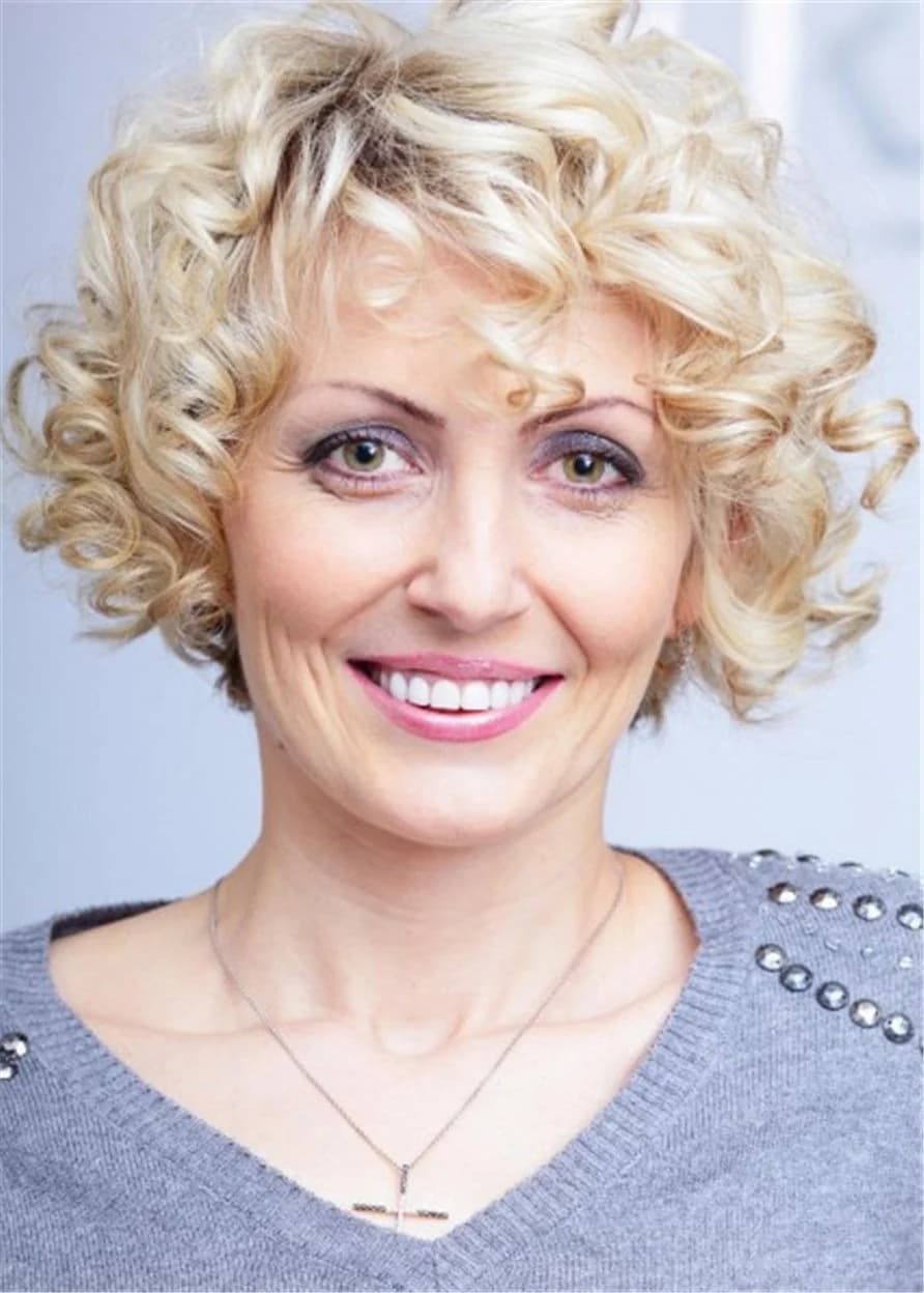 Capless Synthetic Hair Women Curly 120% 10 Inches Wigs Heat Resistant Natural Looking Daily Party Wigs Cosplay Wigs with Natural Bangs with Free Wig Cap by BeddingInn