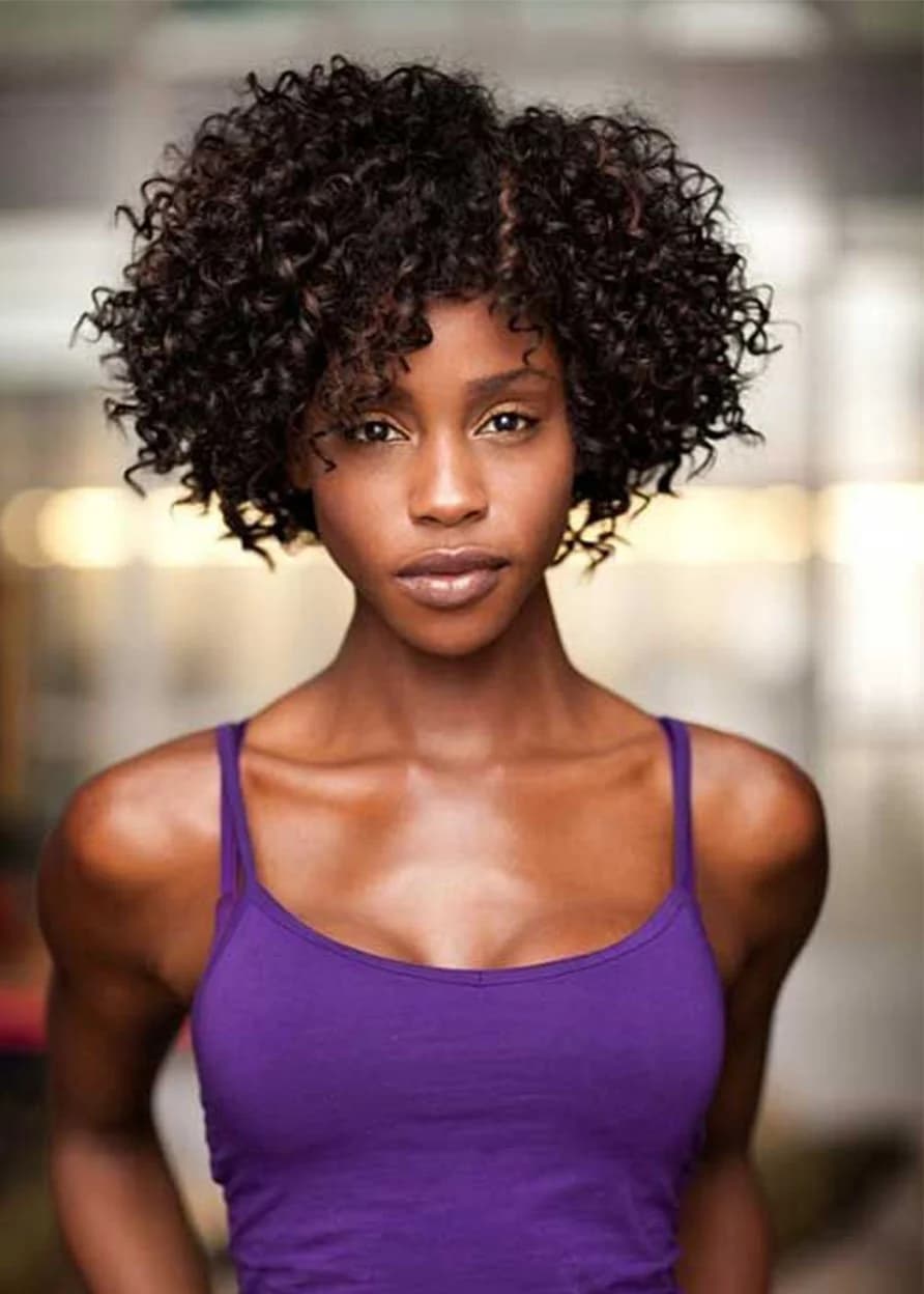 Capless Women Synthetic Hair Curly 120% 12 Inches Wigs Heat Resistant Natural Looking Daily Party Wigs Cosplay Wigs with Natural Bangs with Free Wig Cap by BeddingInn