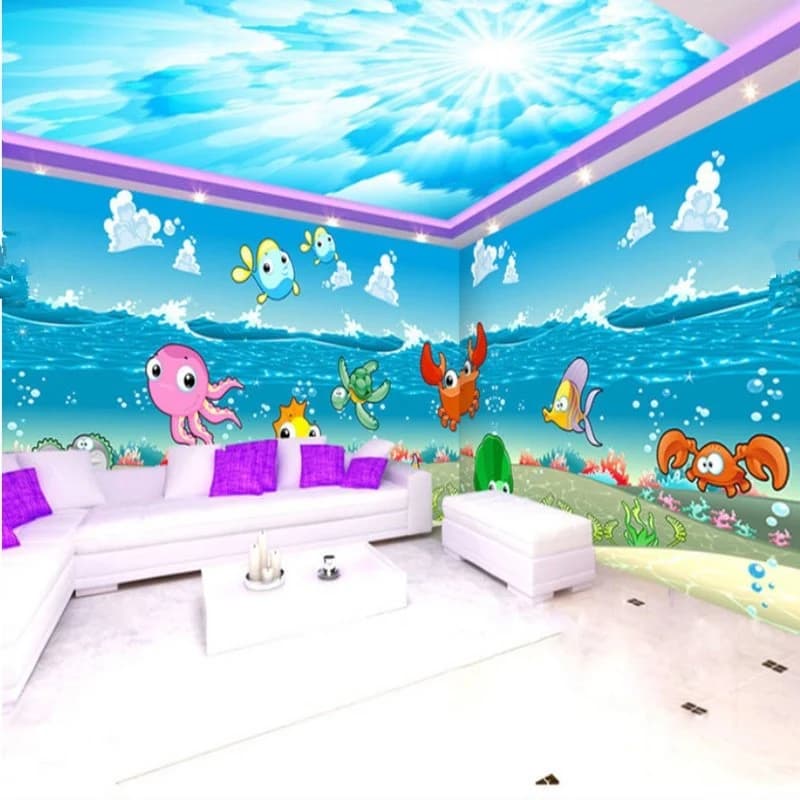 Cartoon Cute Fishes in the Sea Pattern Combined Waterproof 3D Ceiling and Wall Murals by BeddingInn