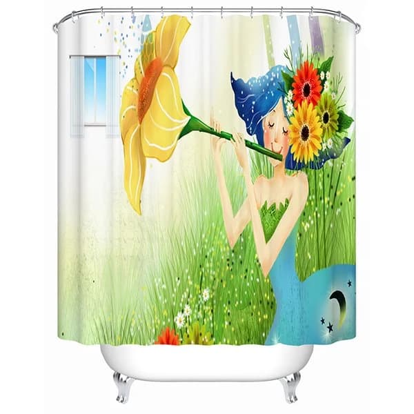Cartoon Girl Playing the Trumpet Flower Print 3D Bathroom Shower Curtain by BeddingInn