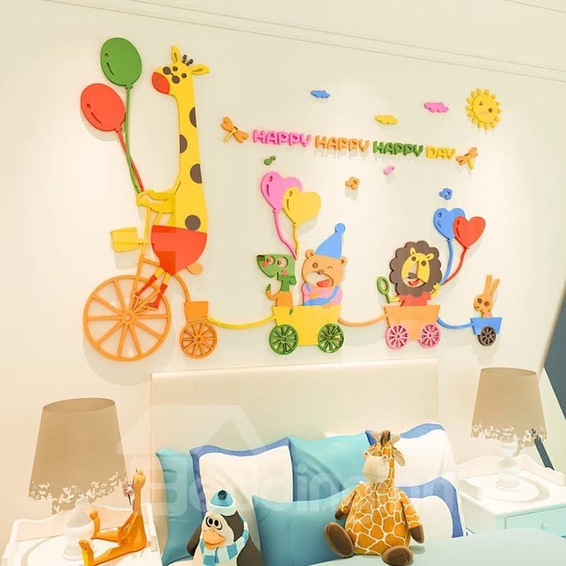 Cartoon Zoo Acrylic Wall Stickers Living Room Bedroom TV Wall Background 3D Animal Wall Decoration by BeddingInn