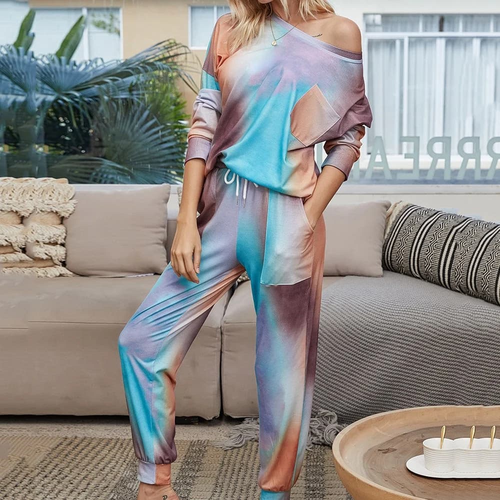 Casual Color Gradient Lace-Up Long Sleeve Pocket Women's Pajama Suit by BeddingInn