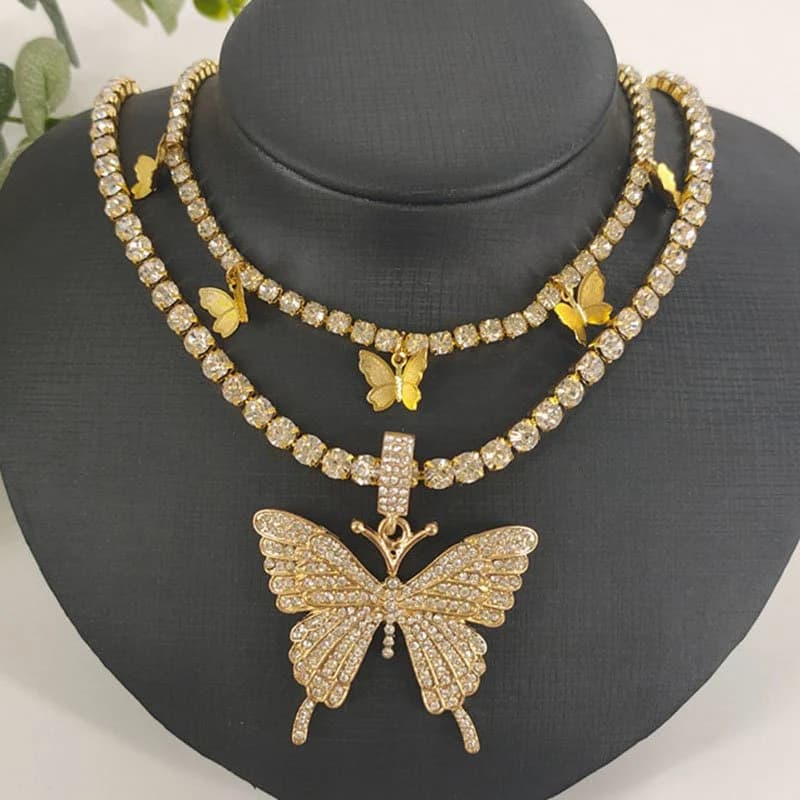 Charming Sparkling Women Butterfly Double Chain Diamante Pendant Necklace Party Jewelry by BeddingInn