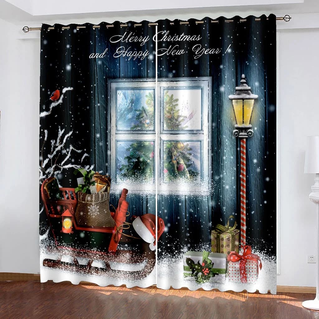 Christmas 3D Curtains Gift under Street Lamp Black Xmas Print Blackout Curtains for Living Room Bedroom Window Drapes 2 Panel Set by BeddingInn